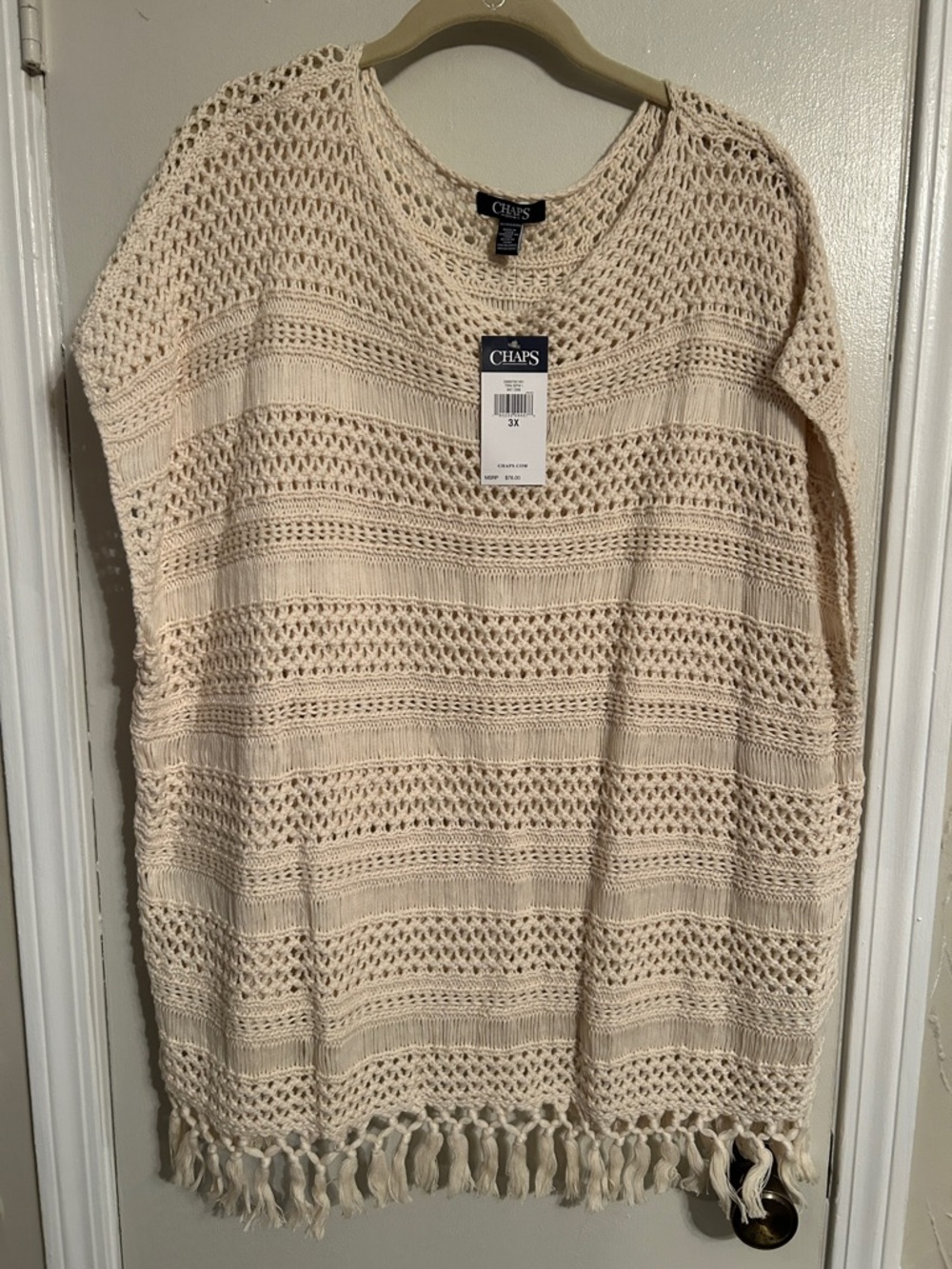 Chaps Cream Open-Knit Fringe Crewneck Sweater